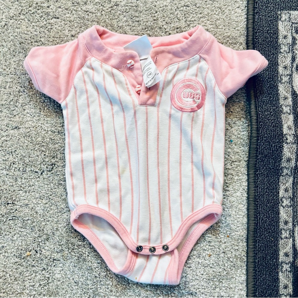 League Pink and White Bodysuit with Sports Theme Cubs pink onesie